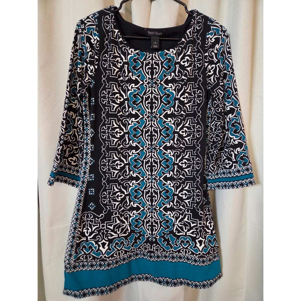 White House Black Market Teal Black White Damask Tunic Dress Small